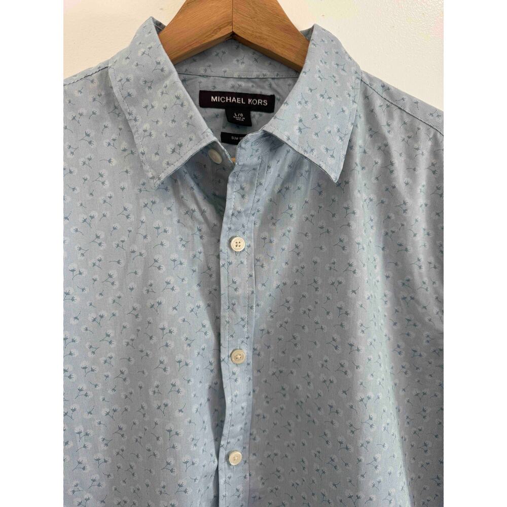 Michael Kors Men’s LG Slim Fit Button Down Shirt Light Blue Dandelion Print NWOT